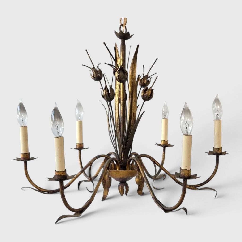 HOLLYWOOD REGENCY GILT METAL SIX-ARM WHEAT SHEAF CHANDELIER STRONGLY ATTRIBUTED TO HANS KOGL: Hollywood Regency gilt metal six-arm chandelier with a wheat-sheaf and cattail motif Approximate Dimensions: 23" H x 27" Dia. Artist or Maker: Strongly attributed to Hans Kogl Provenance: From