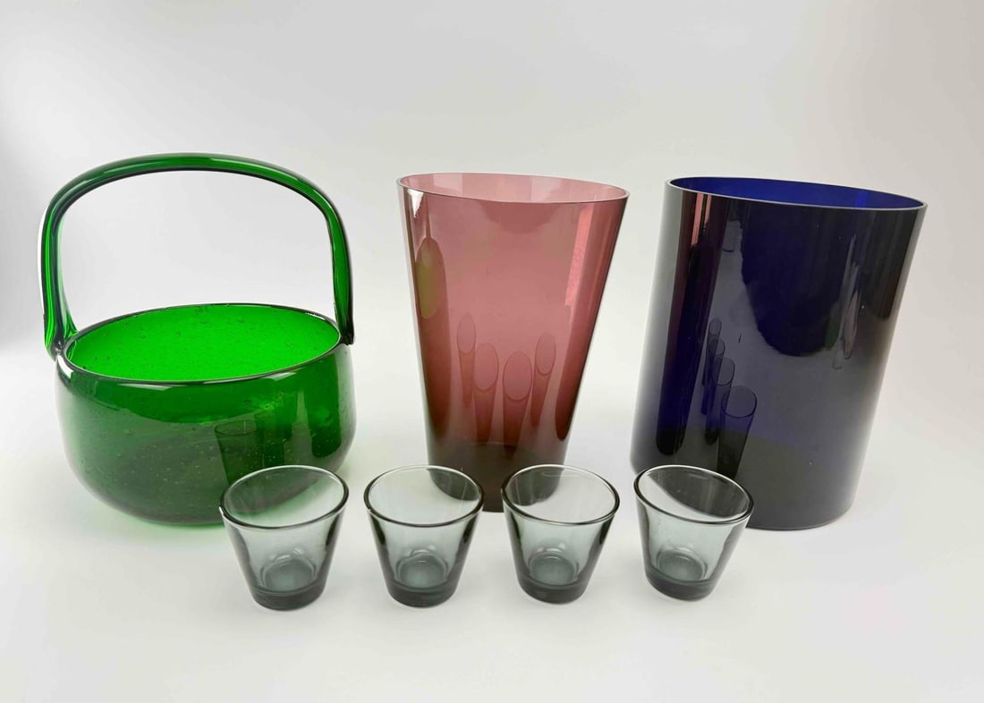 KAJ FRANCK NUUTAJARVI GLASS GROUP, 2 VASES, BASKET AND 4 TUMBLERS, FINNISH ART GLASS (1 of 11)