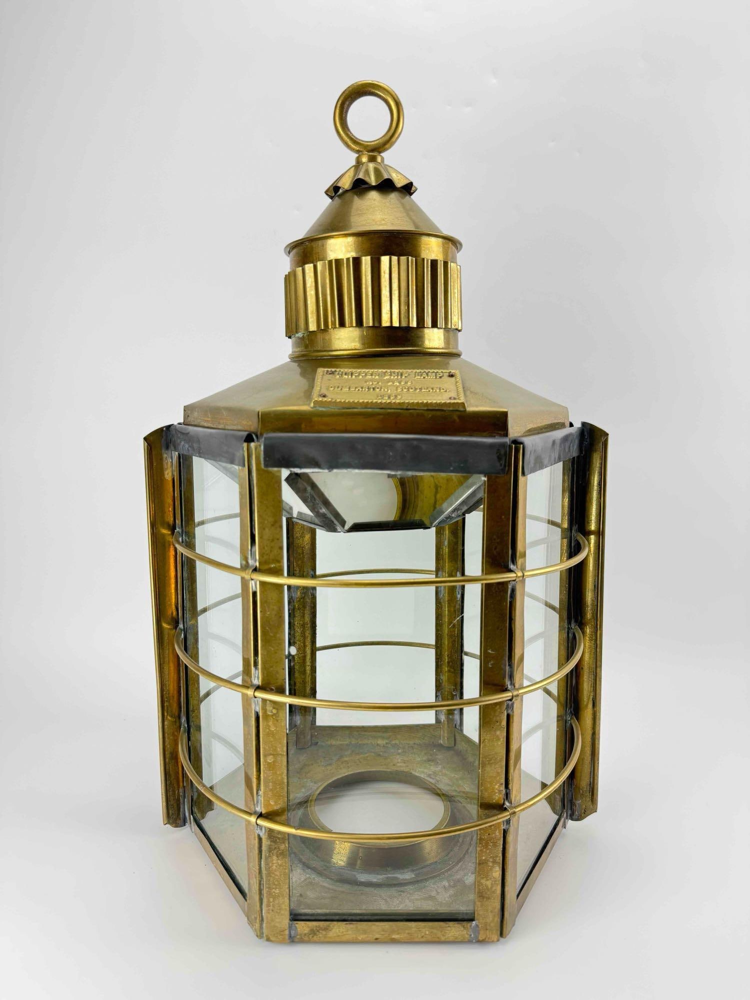 LARGE BRASS AND GLASS HEXAGONAL SHIP LANTERN, CLIPPER SHIP LAMP PLAQUE (1 of 7)