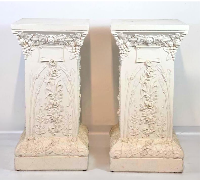 PAIR OF NEOCLASSICAL STYLE PEDESTALS, GRAPE AND FLORAL RELIEF, WHITE (1 of 15)