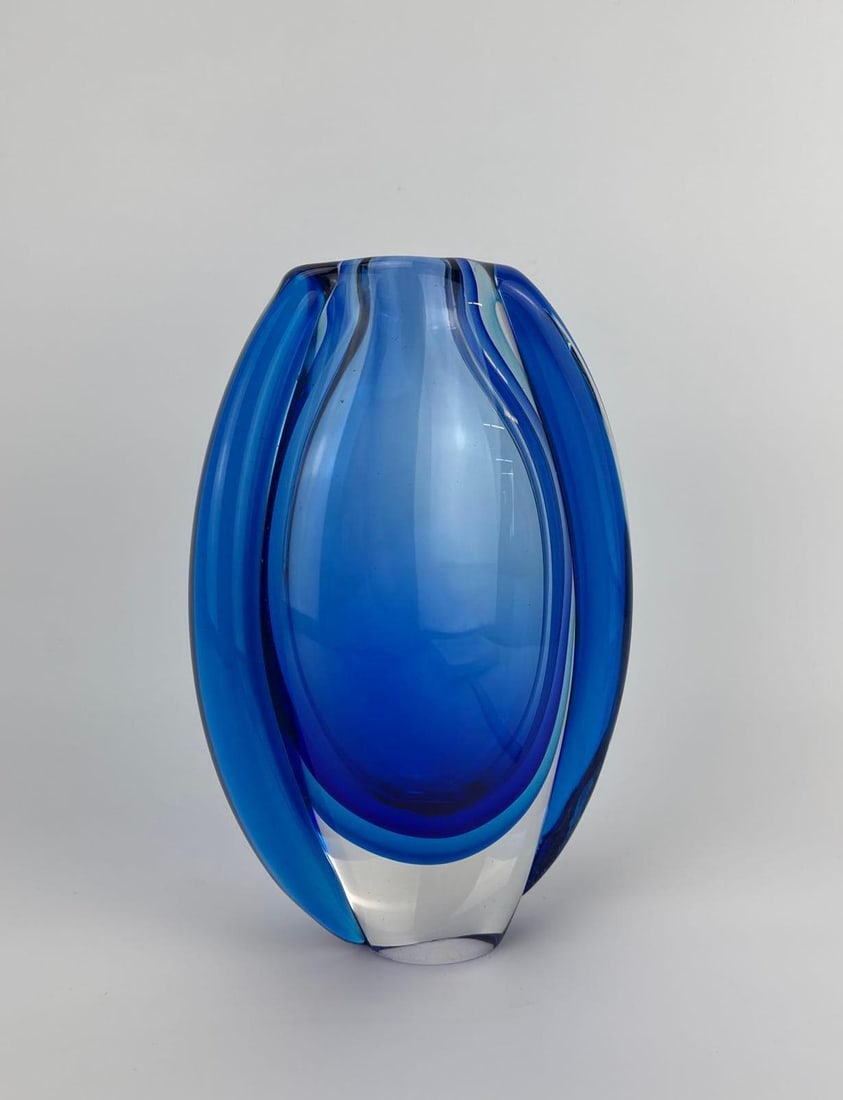 MID CENTURY CASED BLUE ART GLASS VASE, SOMMERSO WING FORM, BOHEMIAN OR MURANO: Heavy cased art glass vase. Approximate Dimensions: 9 3/4" H x 7" W x 3" D Artist or Maker: Unknown. Provenance: From a New York Collector Notes: Although care is taken to photograph and d