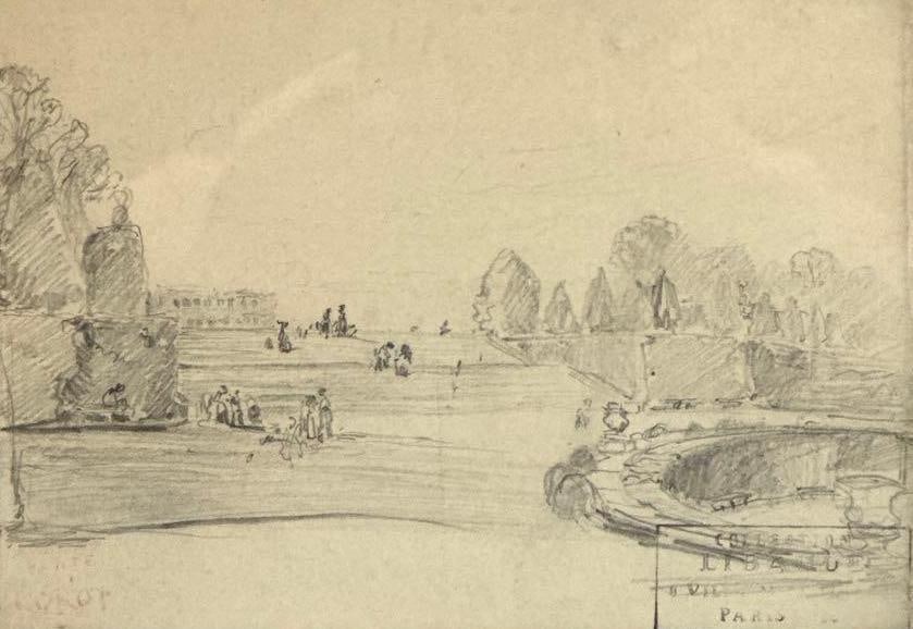 J.B.C. COROT PENCIL DRAWING "GARDEN WITH FIGURES": Pencil drawing of a garden landscape with figures Approximate Dimensions: image 7" W x 5" H; framed 16" W x 14.5" H Artist or Maker: Signed and bearing a stamp; attributed to Jean-Bapt