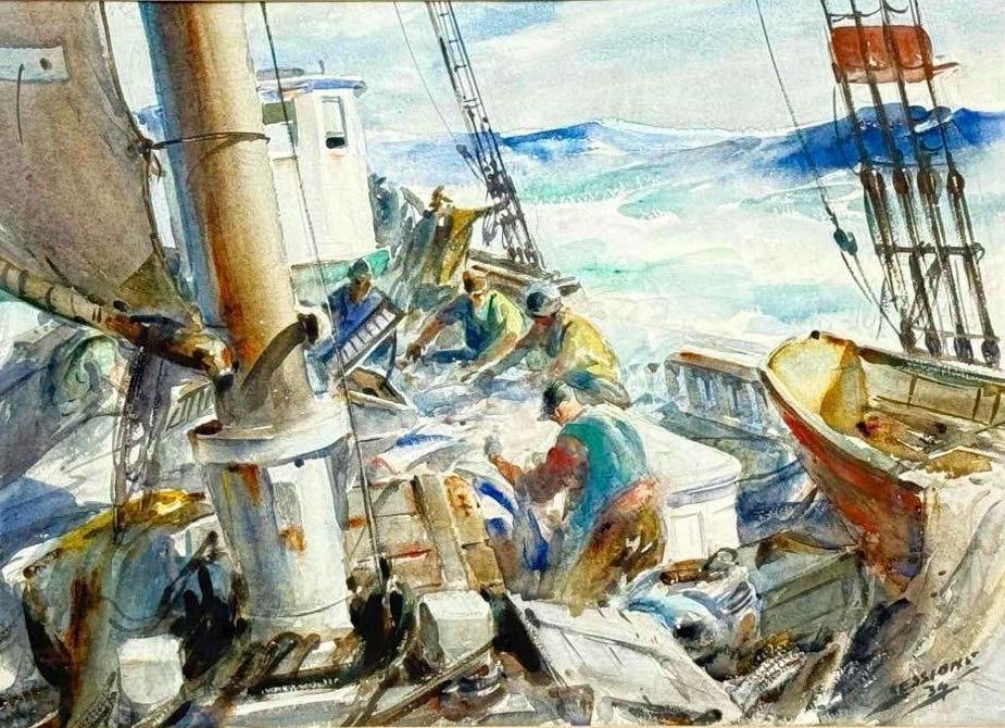 JAMES MILTON SESSIONS SIGNED WATERCOLOR, FISHING SCHOONER DECK SCENE: Signed watercolor on paper, crew working the deck of a fishing schooner in heavy seas, matted and framed under glass. Approximate Dimensions Framed: 24" H x 30" W x 1" D Artist or Maker: J