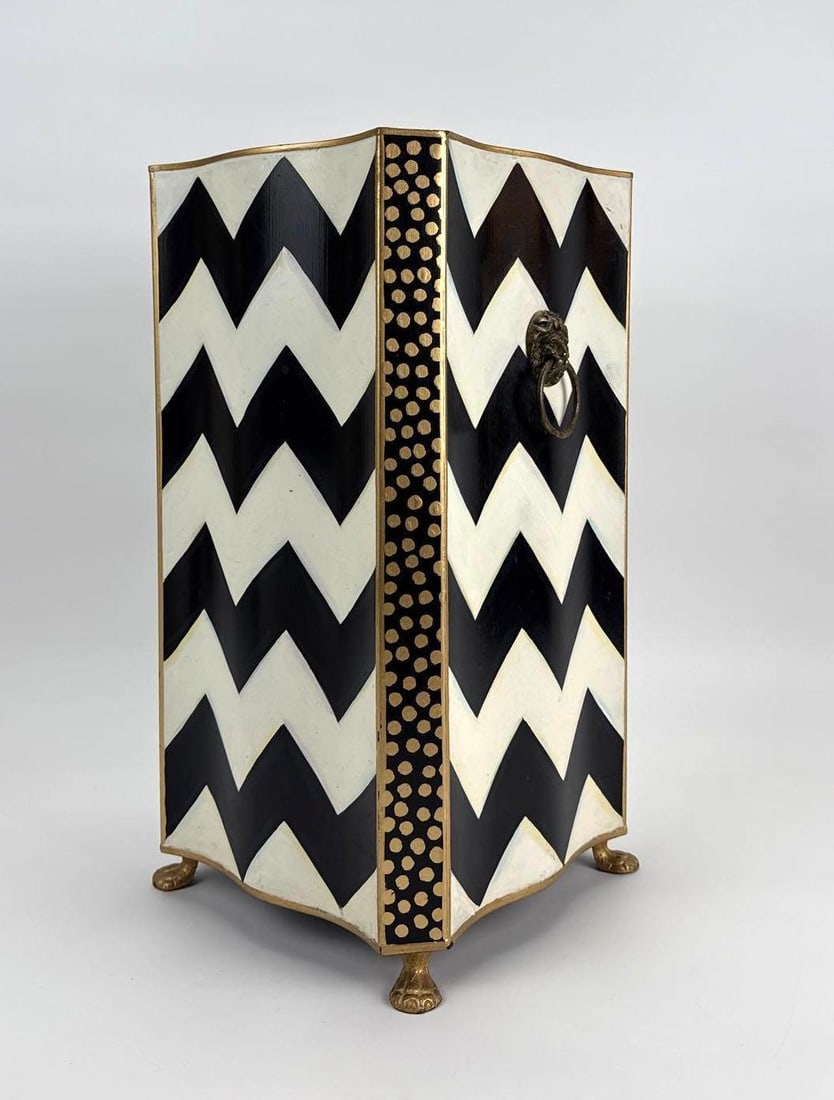 MACKENZIE CHILDS ZIG ZAG UMBRELLA STAND / WASTE BIN: Square-form container with black and white chevron zigzag inlay pattern. Approximate Dimensions: 18" H x 9.5" W x 9.5" D Artist or Maker: Mackenzie Childs Provenance: From a New York Colle