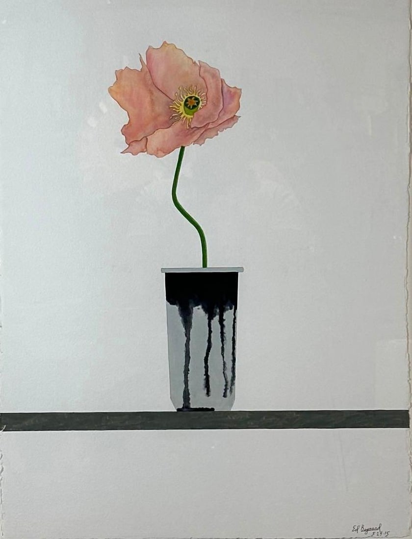 ED BAYNARD ORIGINAL WATERCOLOR POPPY IN VASE 2015: original watercolor on handmade paper depicting a single poppy in a striped vase, signed and dated 5.24.15 Approximate Dimensions: 30.25"H x 22.5"W; Frame 34" x 27" Artist or Maker: Ed