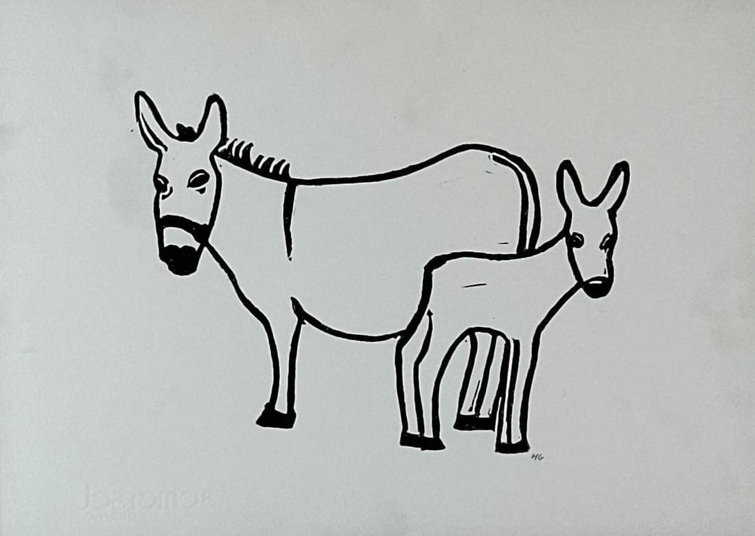 HUGO GUINNESS FRAMED DONKEY INK DRAWING PRINT: Framed naive ink print of a donkey, natural wood frame Approximate Dimensions: Frame: 10.5" x 14.5" ; frame 12.5" x 16.5" Artist or Maker: Hugo Guinness (British, b. 1959) Provenance: 