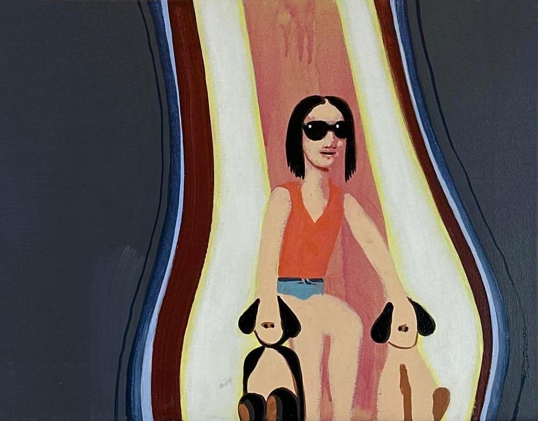 DAVID HUMPHREY PAINTING WOMAN WITH BLACK DOG "PROUD OWNER": Painting on canvas of a woman in red top with sunglasses accompanied by a black dog Approximate Dimensions: 24"H x 18"W Artist or Maker: David Humphrey (American, b. 1955), per consignor; veri