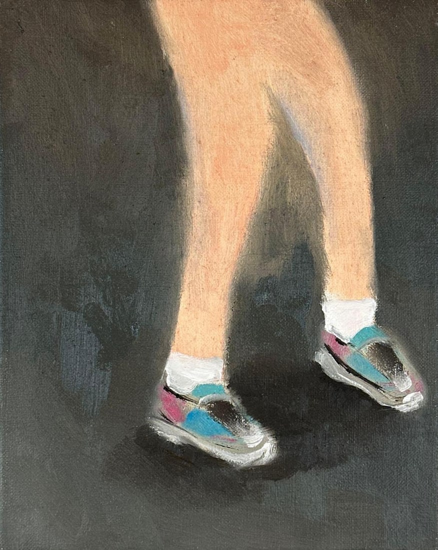 MARLON WOBST SNEAKER ORIGINAL OIL 2014 WITH MONOGRAPH: original oil on canvas painting "Sneaker", 2014, depicting legs in sneakers, together with the artist's Kerber Verlag monograph Approximate Dimensions: 11.75"H x 9.5"W Artist or Ma