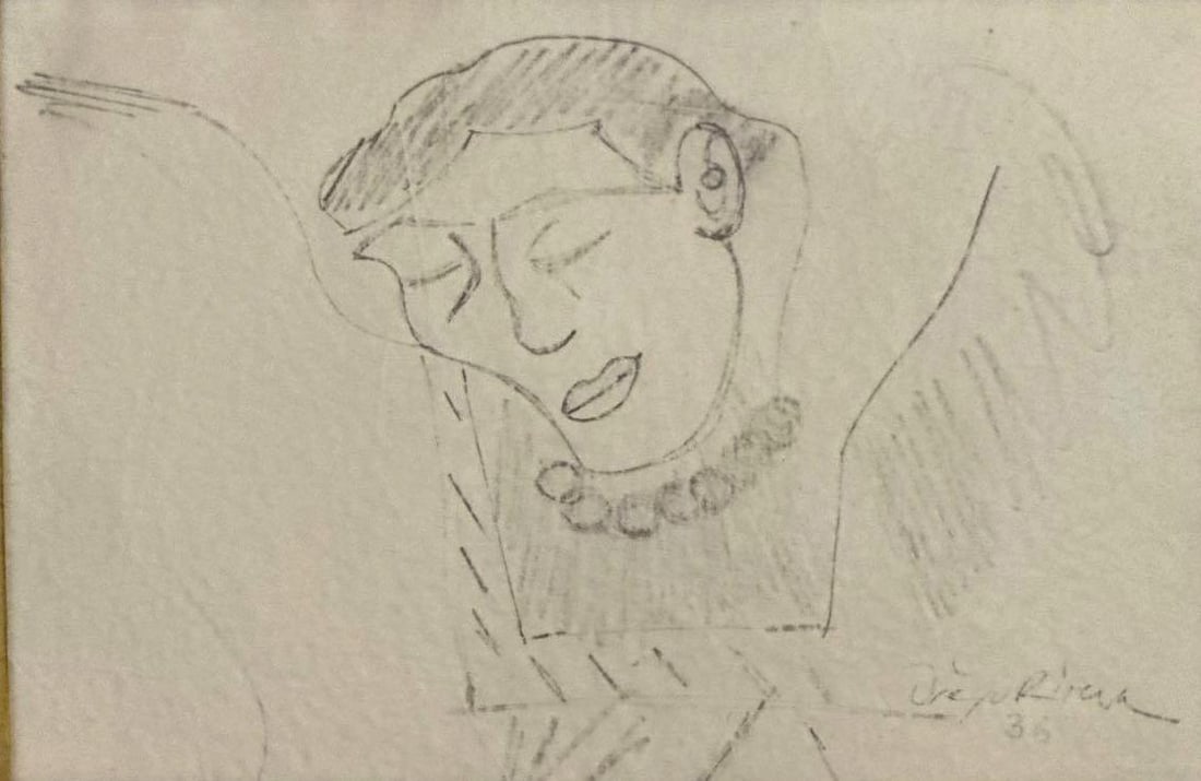 DIEGO RIVERA, PENCIL DRAWING HEAD OF A WOMAN, SIGNED AND DATED 36 DOYLE PROVENANCE: Pencil drawing on paper, matted and framed under glass. Approximate Dimensions Sight and Frame: 5 1/2" H x 8 1/4" W; frame 11 1/2" H x 14 1/4" W Artist or Maker: Diego Rivera (Mexican,
