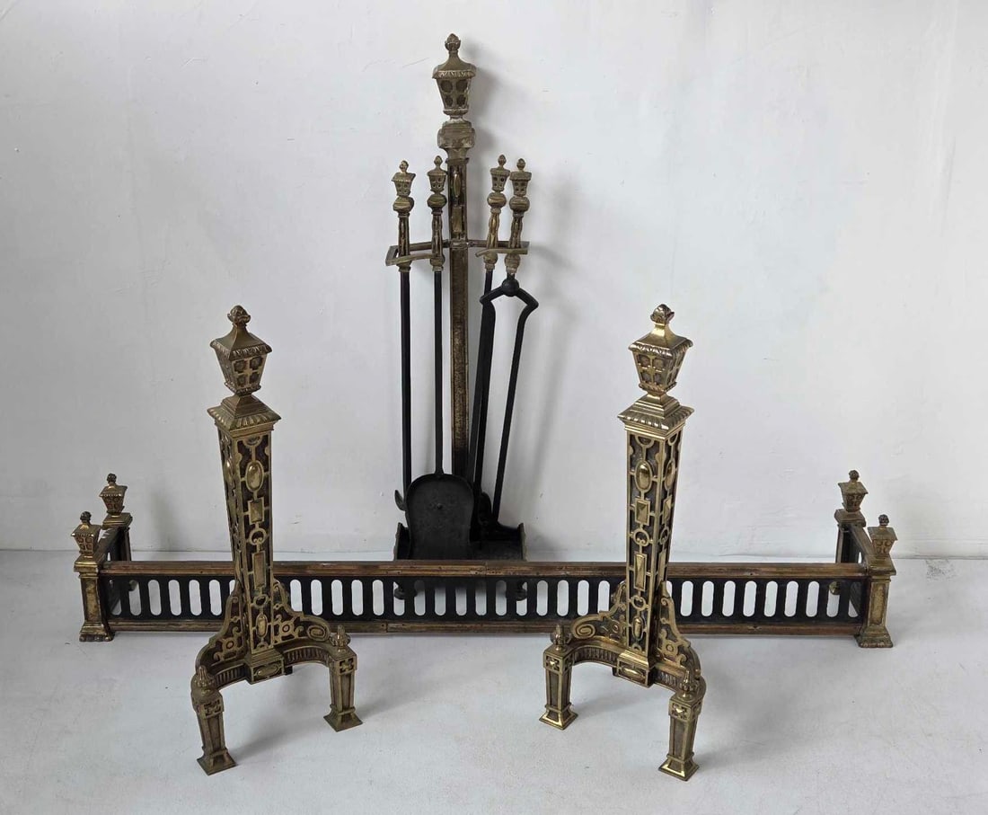 ANTIQUE NEOCLASSICAL GILT BRONZE FIREPLACE SET ANDIRONS FENDER TOOLS (1 of 20)