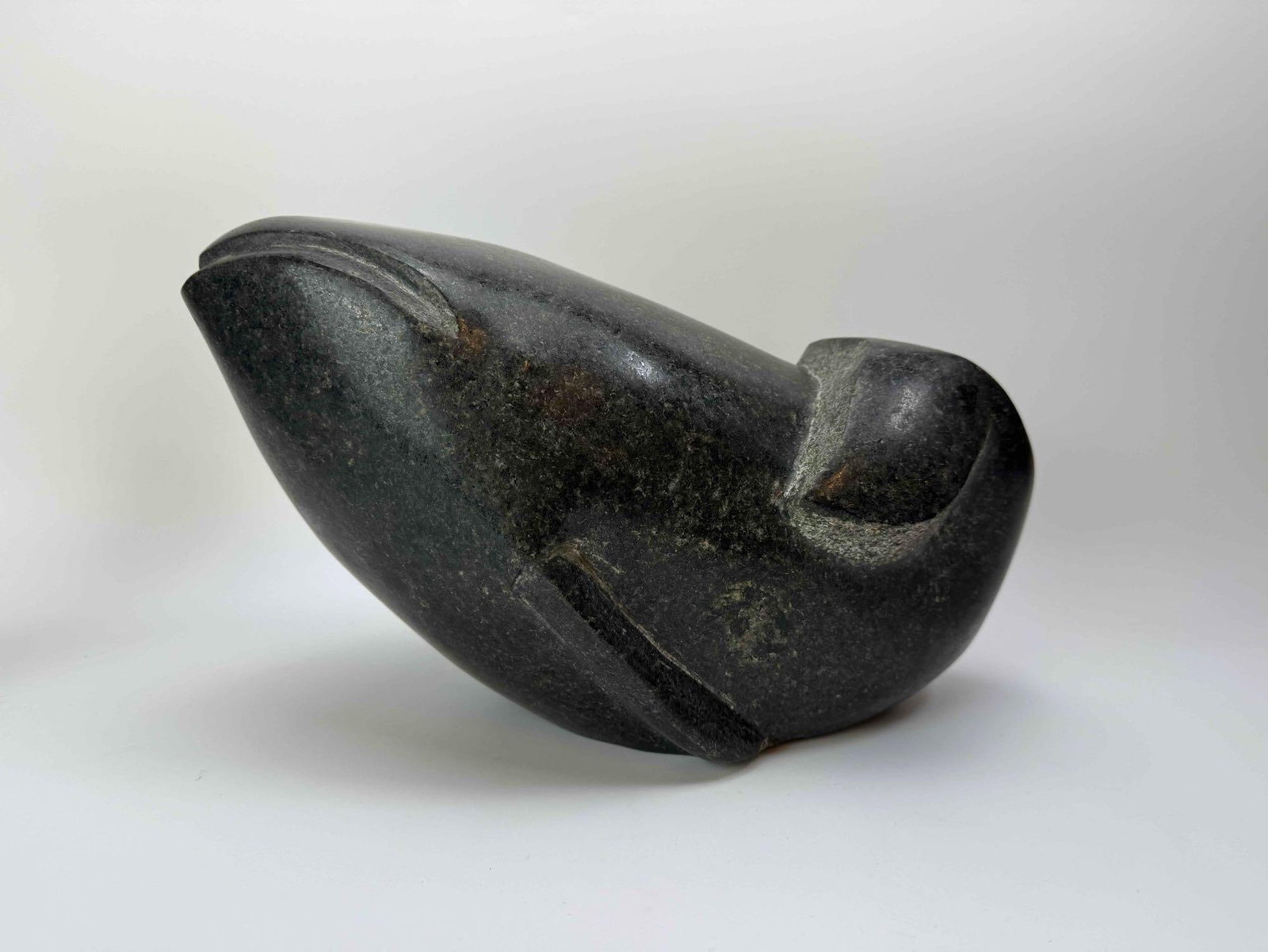CARVED STONE WHALE SCULPTURE, POLISHED DARK GREEN-BLACK HARDSTONE | INUIT STYLE (1 of 9)