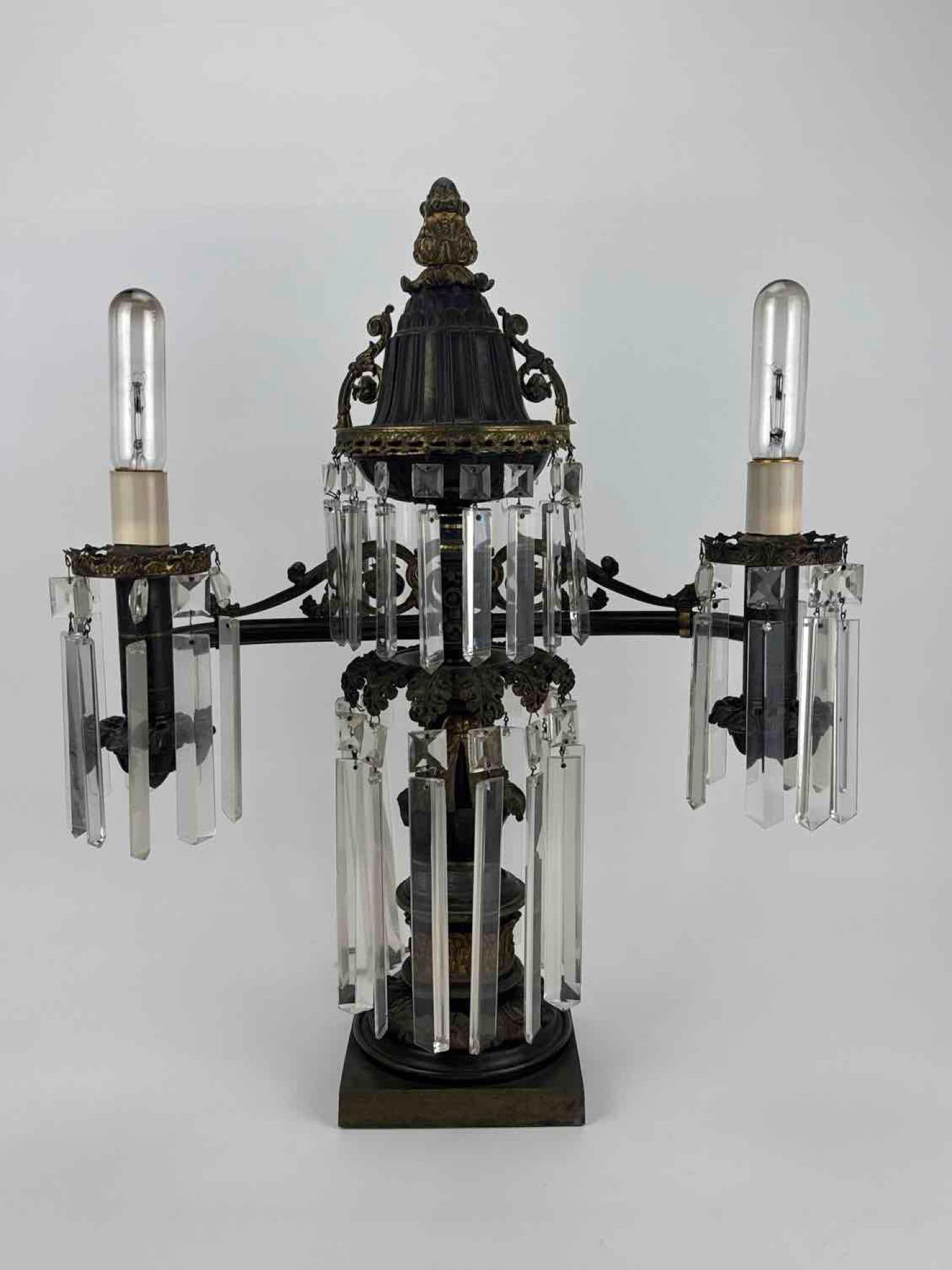 ANTIQUE TWO-LIGHT ARGAND-TYPE LAMP, BRONZED AND GILT METAL WITH CUT GLASS PRISMS, ELECTRIFIED (1 of 17)