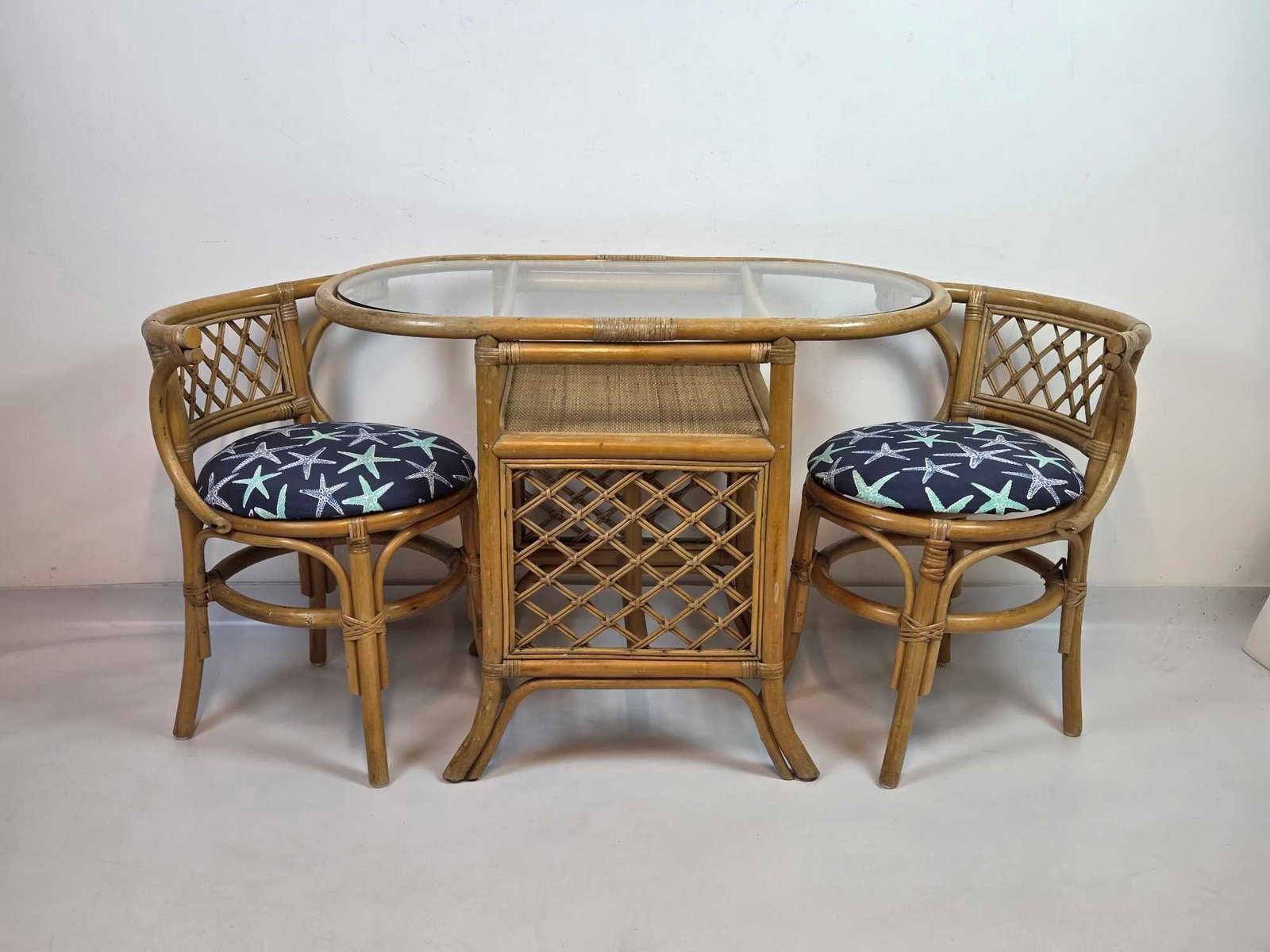 THREE-PIECE VINTAGE RATTAN BISTRO SET, OVAL GLASS-TOP TABLE AND PAIR OF BARREL-BACK ARMCHAIRS (1 of 20)