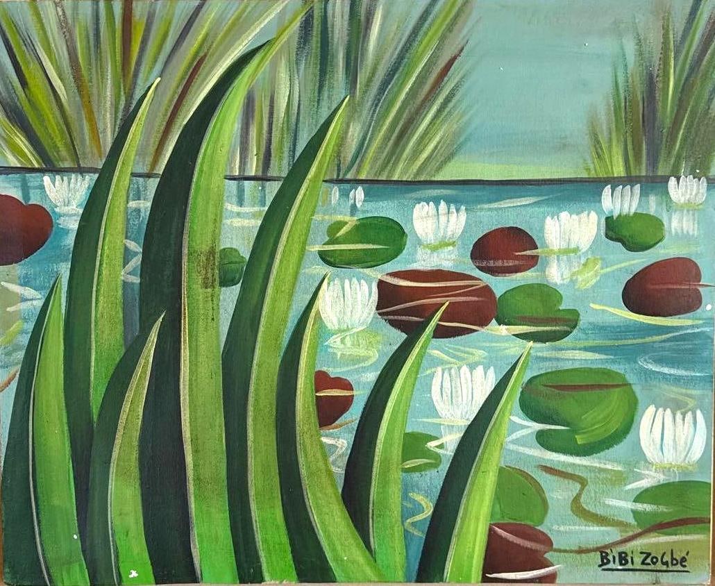 BIBI ZOGBE OIL PAINTING NENUFARES, WATER LILIES, SIGNED AND TITLED VERSO: An oil painting depicting white water lilies and lily pads among tall green reeds in pond, in a giltwood frame. Art Approximate Dimensions: 18" H x 22" W Overall Approximate Dimensions: 23"