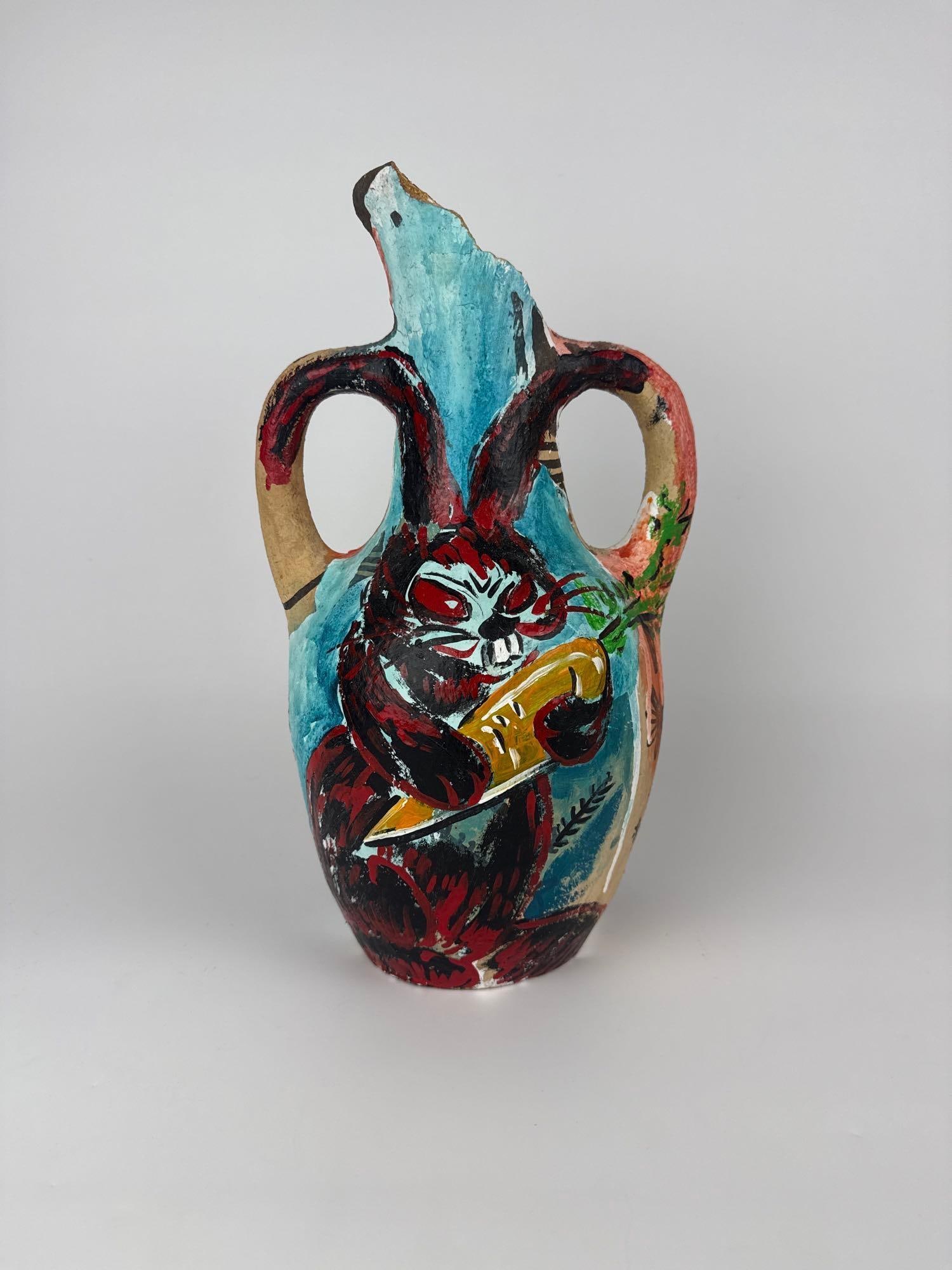 SCOOTER LAFORGE PAINTED CLAY AMPHORA NO 11 2019: 13.765” H X 8” W X 6.76” D acrylic and enamel painted clay amphora "No. 11", 2019, with expressive rabbit and figural decoration on turquoise ground Approximate Dimensions: 1