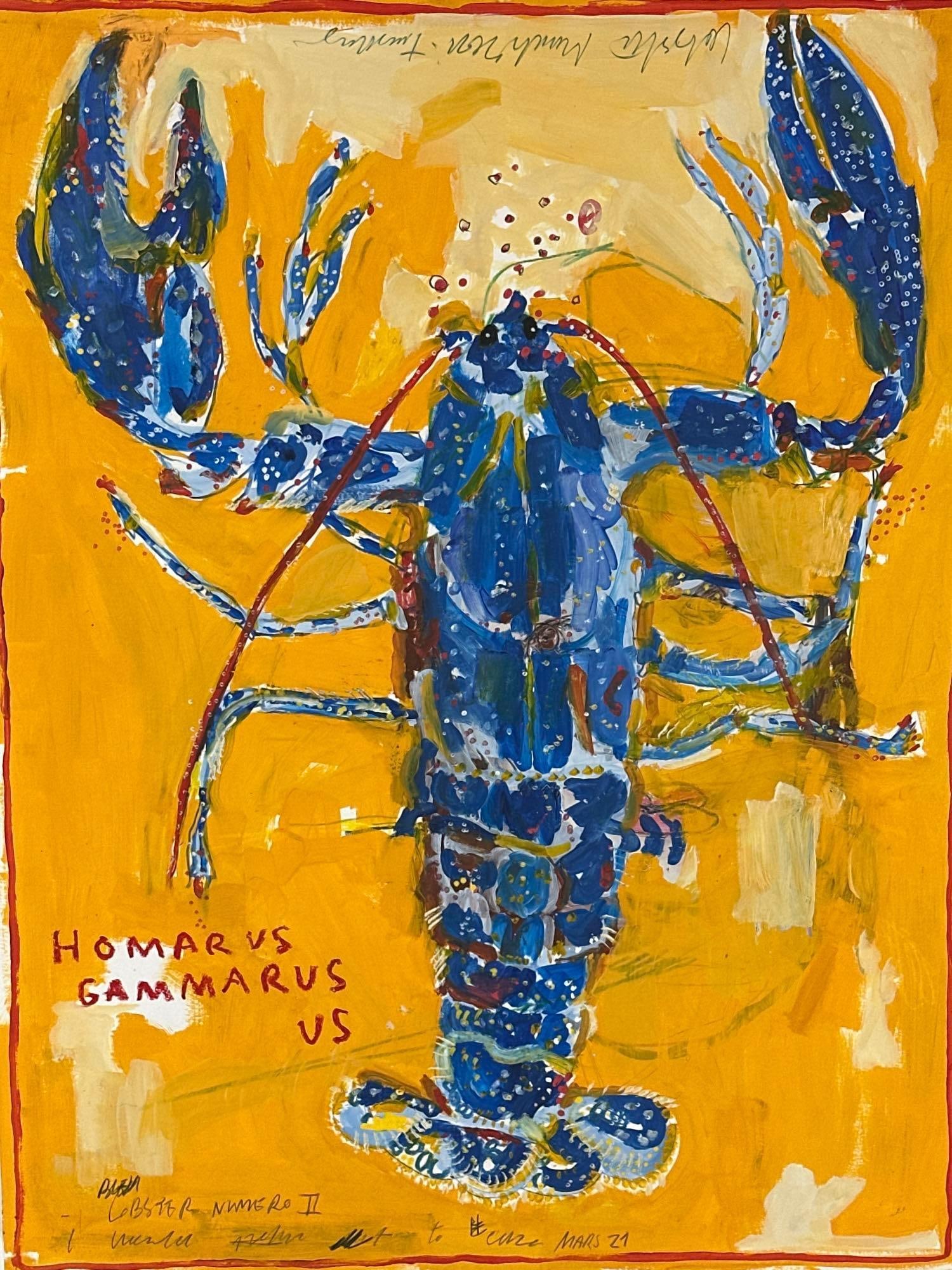 UGO LI BLUE LOBSTER PAINTING: Vivid contemporary lobster study on an orange ground, inscribed Homarus Gammarus Approximate Dimensions: 26" x 19" ; 31" x 26" Artist or Maker: Ugo Li (French, b. 1987) Provenance: A N