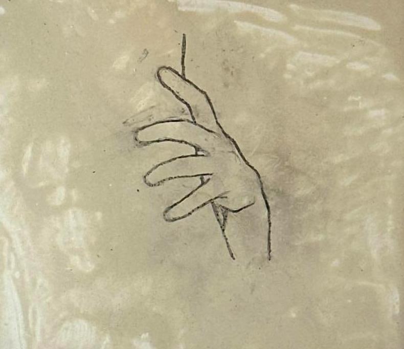 JULIAO SARMENTO SIGNED HAND DRAWING ON PAPER: Minimalist hand study on paper by the noted Portuguese artist, signed and inscribed by the artist Artist or Maker: Juliao Sarmento (Portuguese, 1948-2021); signed, with a dedication from the artist to