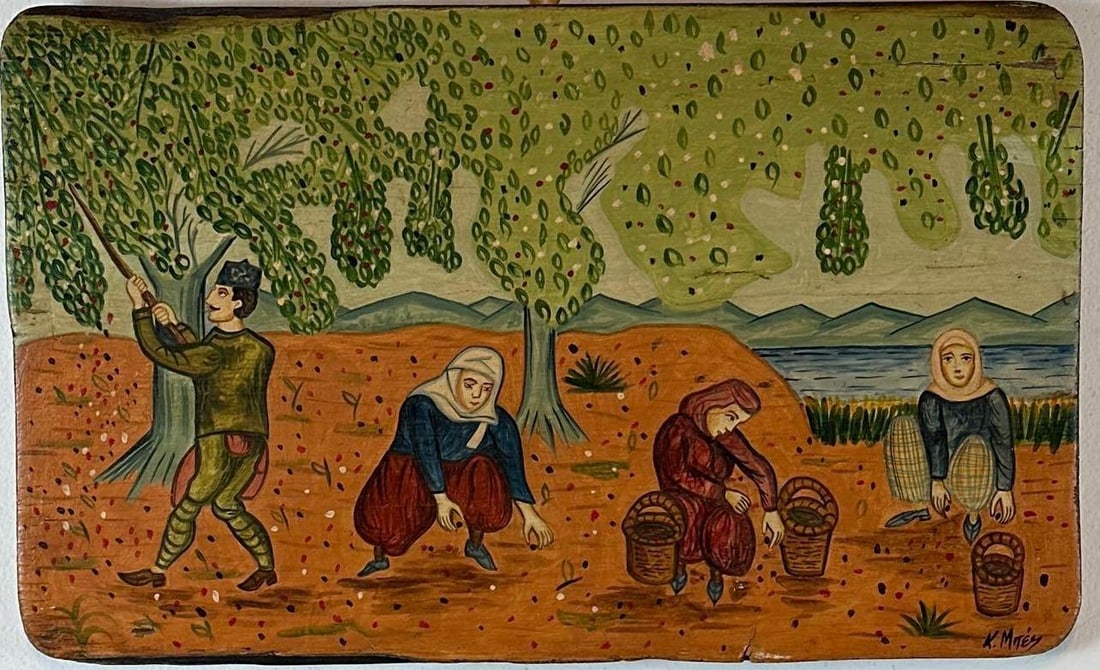 FOLK ART PAINTING ON WOOD PANEL: Charming folk painting on a weathered wood panel with a procession of figures and animals Artist or Maker: Unidentified folk artist Provenance: Gifted to the consignor in Greece by Romeo Gigli, c. 200