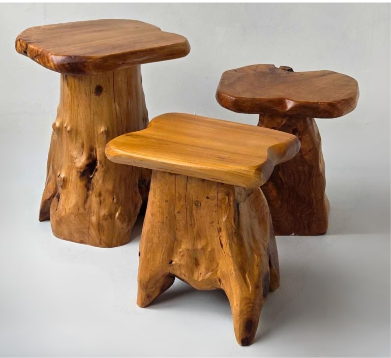 TRIO OF NATURAL CEDAR ROOT WOOD LIVE EDGE MUSHROOM ACCENT STOOLS: Three organic modern accent stools carved from natural cedar root wood. Approximate Dimensions: 19" H x 13.75" W x 13.75" D largest Artist or Maker: Unknown Provenance: From a New York