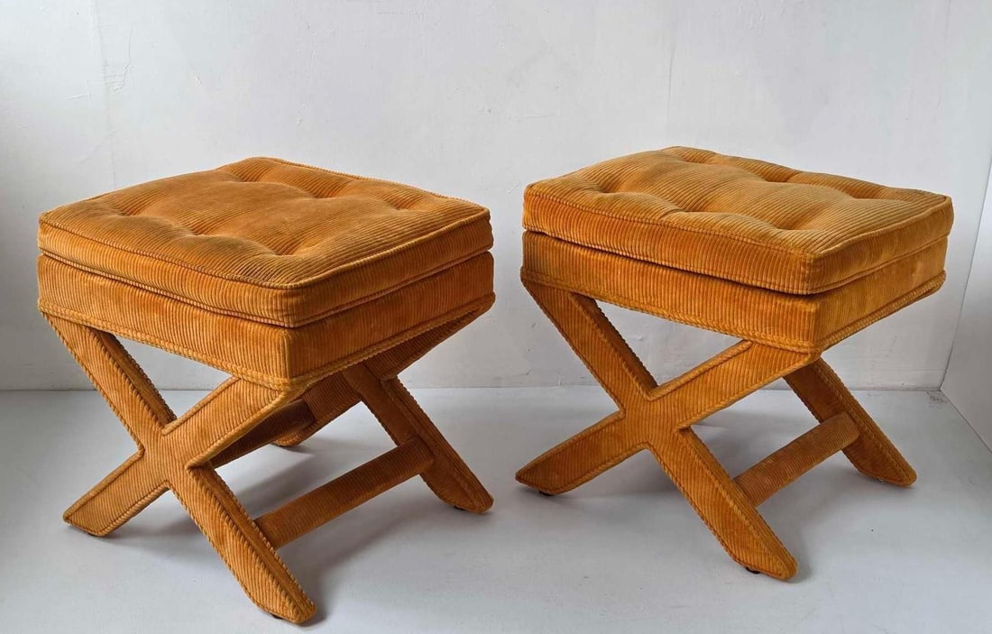 PAIR OF UPHOLSTERED X LEG BENCHES: A pair of X frame benches Approximate Dimensions: 20" H x 20.5" W x 18" D Artist or Maker: Unknown Provenance: From a New York Collector Notes: Although care is taken to photogr