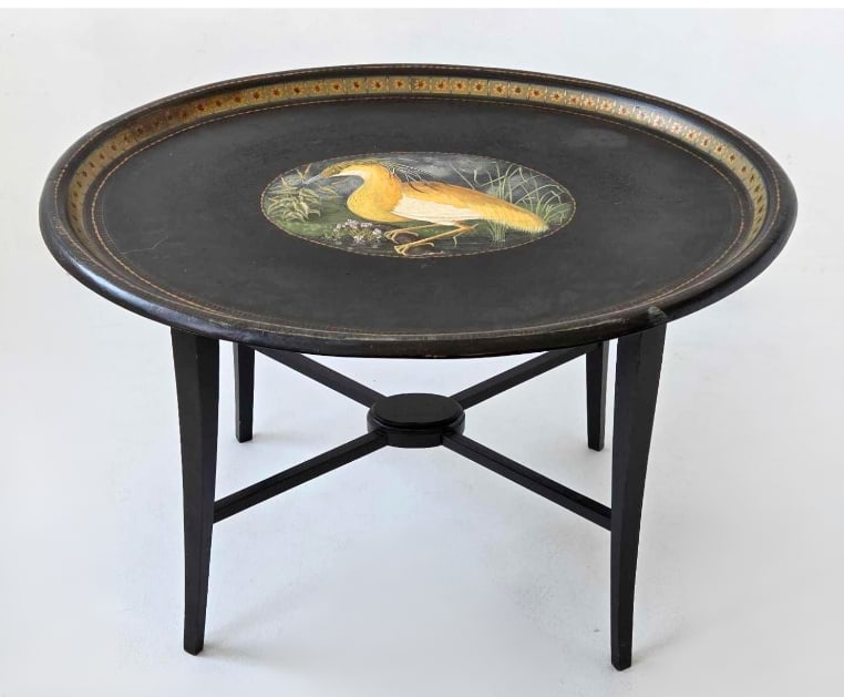 BLACK LACQUER PAINT DECORATED HERON MOTIF TRAY TOP TABLE (1 of 14)