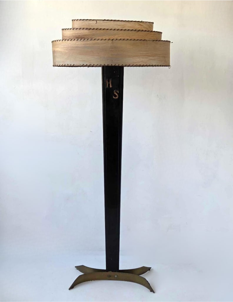 ART DECO BLACK LACQUERED WOOD FLOOR LAMP WITH BRASS BASE AND TIERED SHADE (1 of 19)