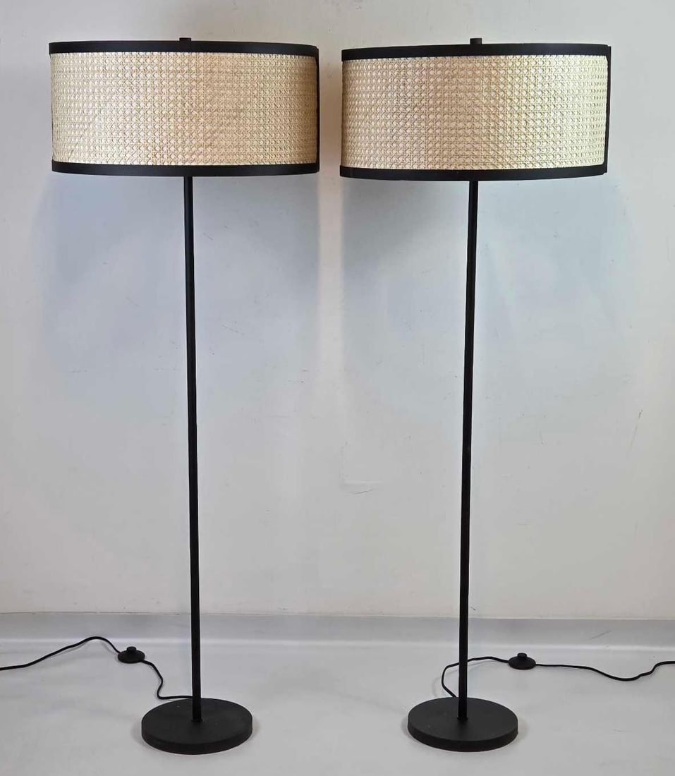 PAIR OF FOUR HANDS FREDRICK FLOOR LAMPS, TEXTURED BLACK IRON WITH CANE DRUM SHADES (1 of 16)