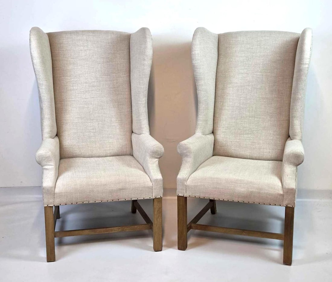 PAIR OF RESTORATION HARDWARE FRENCH WING ARMCHAIRS, NATURAL LINEN WITH NAILHEAD TRIM (1 of 16)
