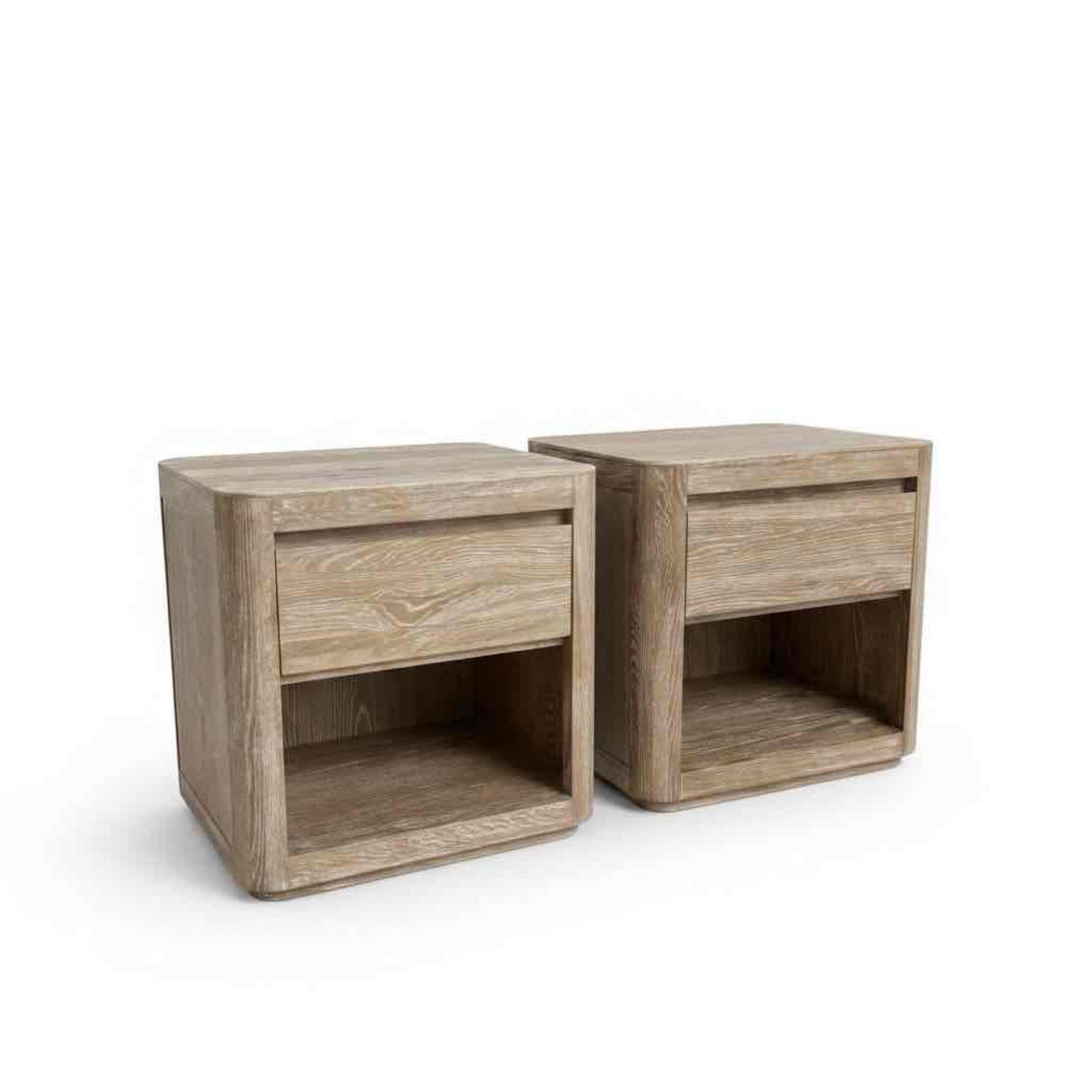 PAIR OF LIMED OAK NIGHTSTANDS, SINGLE DRAWER OVER OPEN SHELF, RESTORATION HARDWARE (1 of 11)
