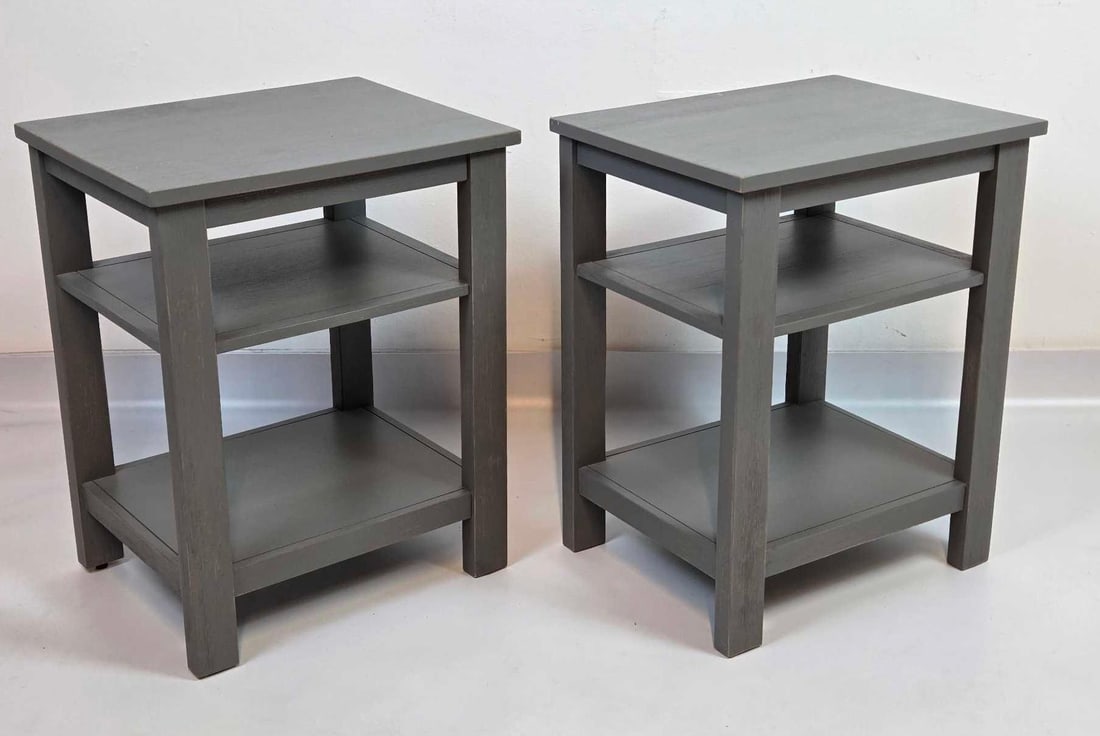 PAIR OF WILLIAMS SONOMA BEDSIDE TABLES, GREY FINISH WITH OPEN SHELVES: a pair of bedside tables Approximate Dimensions: 20” H x 16” W x 12.5” D Artist or Maker: Williams Sonoma Provenance: From a New York Collector Notes: Although care is taken to photo