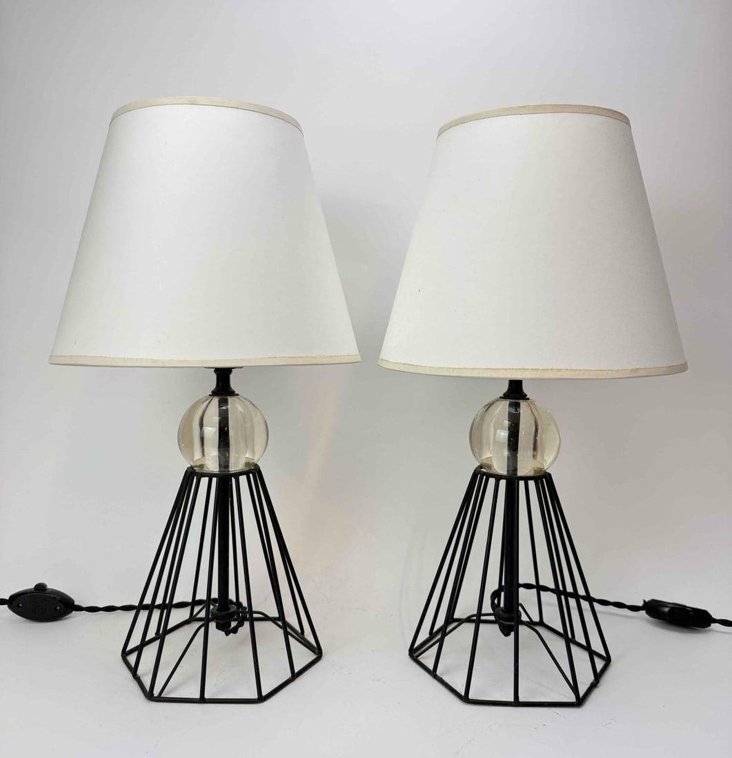 PAIR INDUSTRIAL WIRE CAGE BASE TABLE LAMPS: Pair of modern wire cage base table lamps with clear ball detail and shades Artist or Maker: Unknown Provenance: A New York Gallerist and Collector Notes: Although care is taken to photograph and desc