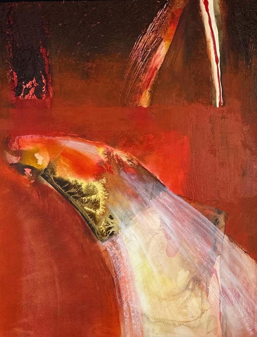 ORIGINAL ABSTRACT PAINTING, RED AND GOLD COMPOSITION, FRAMED: an original abstract painting, a large-scale composition worked in saturated scarlet, crimson and vermilion with a broad pale diagonal sweep of cream, blush and grey drawn across the upper field, reso