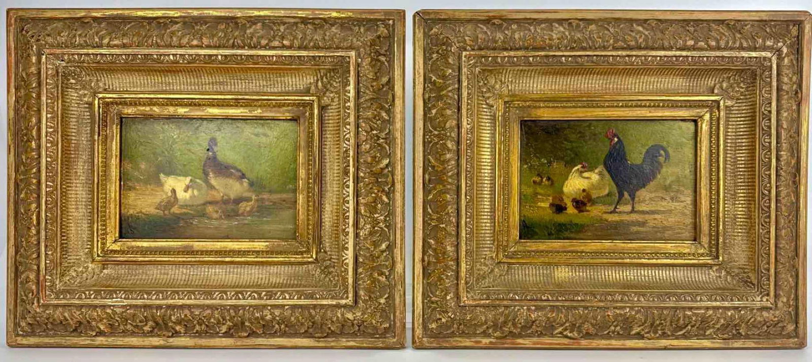 EXCEPTIONAL PAIR OF ANTIQUE OIL ON WOOD PANEL DUCKS AND CHICKS PAINTINGS: A pair of small barnyard oils on wood panel Approximate Dimensions: 4" H x 6.5" W; Frame 12" H x 14" W Artist or Maker: Unknown Provenance: From a New York Collector Notes:
