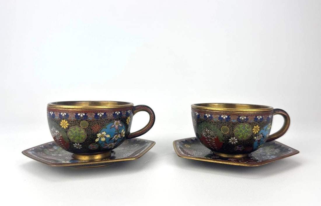 PAIR CLOISONNÉ CUPS AND SAUCERS WITH GILT INSERTS (1 of 11)
