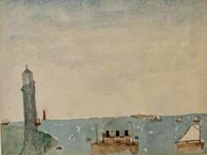 NAIVE WATERCOLOR OCEAN LINER NEW YORK WITH LIGHTHOUSE: naive watercolor of the ocean liner "New York" passing a lighthouse, oak frame Approximate Dimensions: 7.5” x 9.5”; Frame: 14"H x 16"W Artist or Maker: Unknown Provenance: 