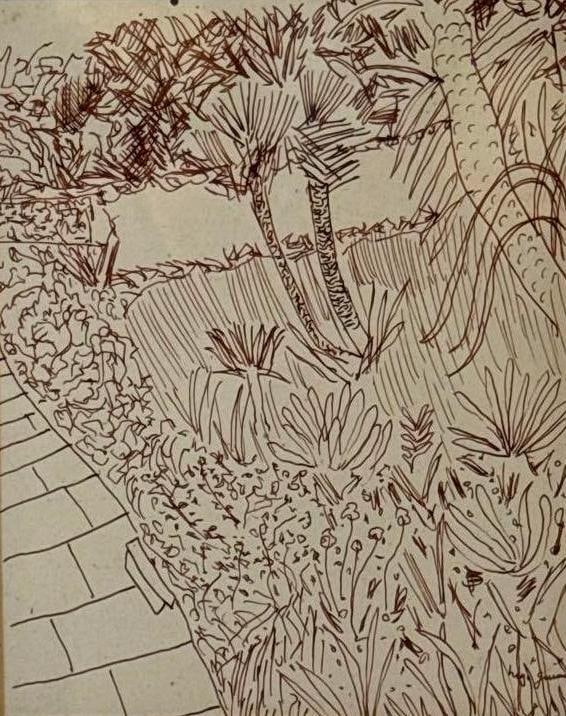 HUGO GUINESS FRAMED SEPIA INK LANDSCAPE DRAWING "MOROCCO" SIGNED: A signed sepia ink landscape drawing in gilt frame Approximate Dimensions: 9.5” x 7.5” ; Frame: 11” x 9” Artist or Maker: Unknown Provenance: A New York Gallerist and Collector