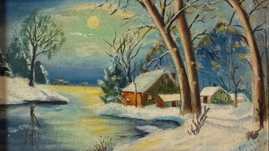 SIGNED FRIEDA FLAKNEY? 1930 MOONLIT WINTER LANDSCAPE OIL PAINTING ON BOARD: moonlit winter landscape oil painting on board in carved wood frame Approximate Dimensions: 6"H x 10"W sight; frame 9"H x 13"W Artist or Maker: Signature reads Frieda "Flakney or F