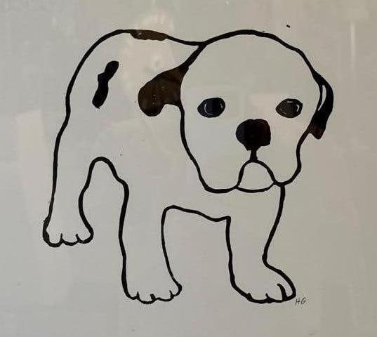 HUGO GUINESS BULLDOG PUPPY PRINT MONOGRAMMED: A print of a puppy line drawing Approximate Dimensions: 10.75” x 13,75”; frame 12” x 15” Artist or Maker: Unknown Provenance: A New York Gallerist and Collector Notes: Although