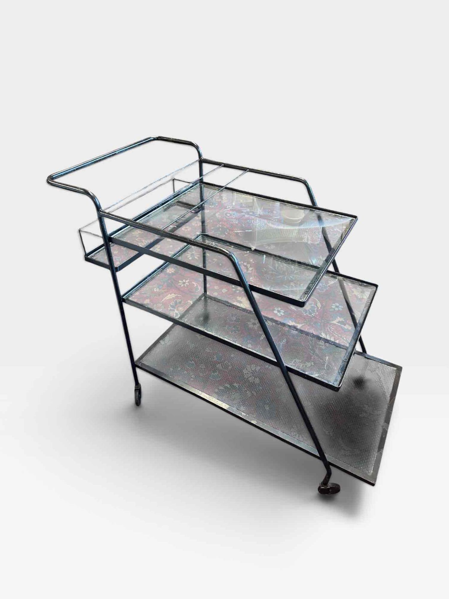 MID CENTURY WIRE MESH AND GLASS BLACK IRON THREE TIER ROLLING BAR CART (1 of 10)