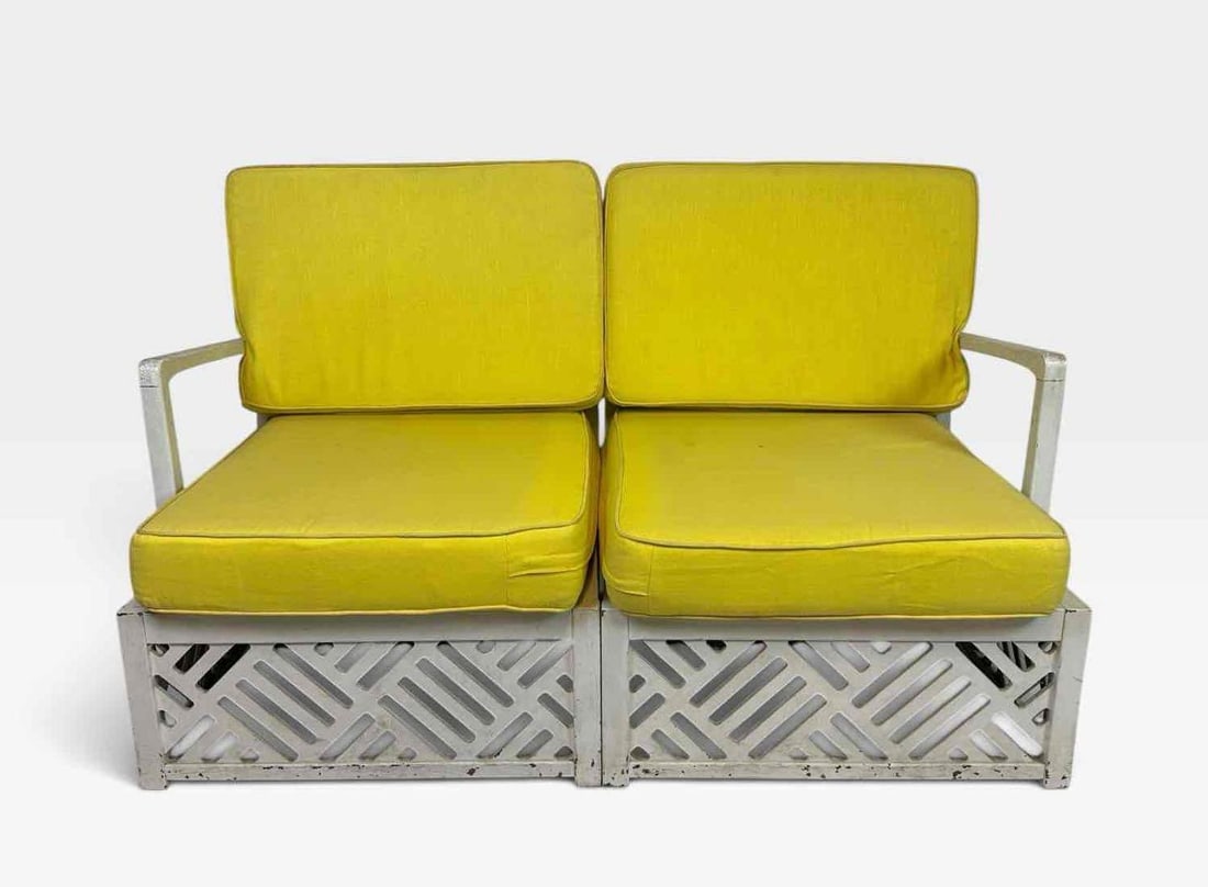 CHINESE CHIPPENDALE FRETWORK TWO PIECE PATIO LOVESEAT WITH YELLOW CUSHIONS: two piece Chinese Chippendale style patio loveseat with white painted fretwork frames. Note: these need to be repainted.... Approximate Dimensions: 53 1/2" x 26" x 31" Artist or Maker: Unk