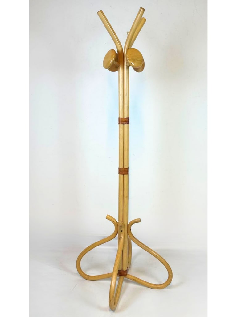 MCM BENTWOOD & RATTAN COAT RACK CLOTHES TREE: bentwood and rattan standing coat rack Approximate Dimensions: 68"H Artist or Maker: Unknown Provenance: From a New York Collector Notes: Although care is taken to photograph and describe the item