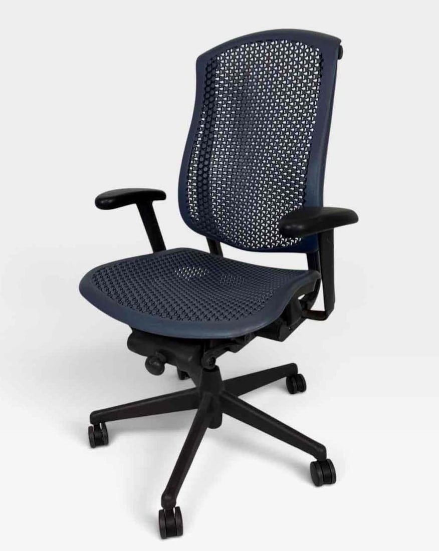 HERMAN MILLER CELLE BLUE CELLULAR SUSPENSION ERGONOMIC TASK CHAIR: Herman Miller Celle task chair in blue with cellular suspension back and seat, adjustable arms on a five star base with casters Approximate Dimensions: 26" W x 20" D x 41"H Artist or Maker