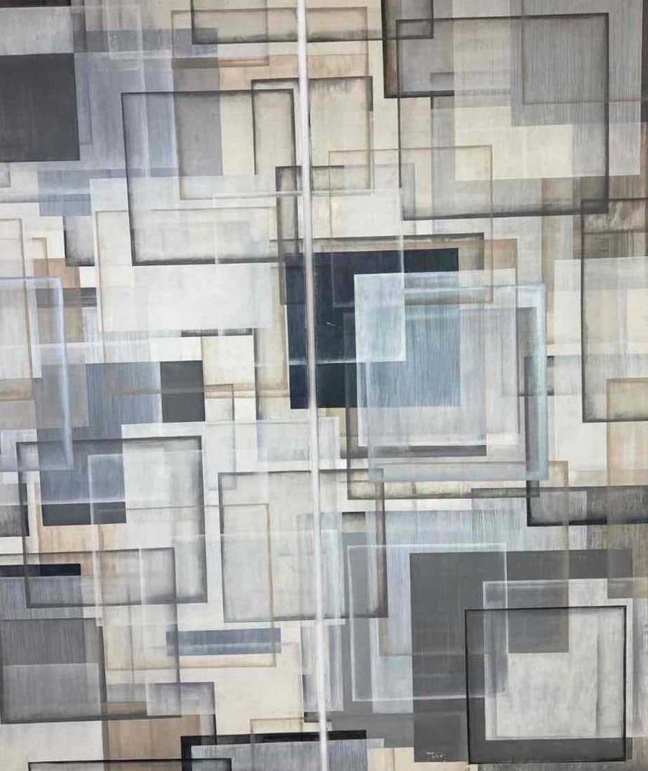 SEAN SCHERER, "RUHLMAN" ABSTRACT COMPOSITION DIPTYCH: a large abstract painting of overlapping translucent rectangles in grey, taupe and black, the left panel of a two-panel work Approximate Dimensions: each 84” H x 36”w; complete 84”h 