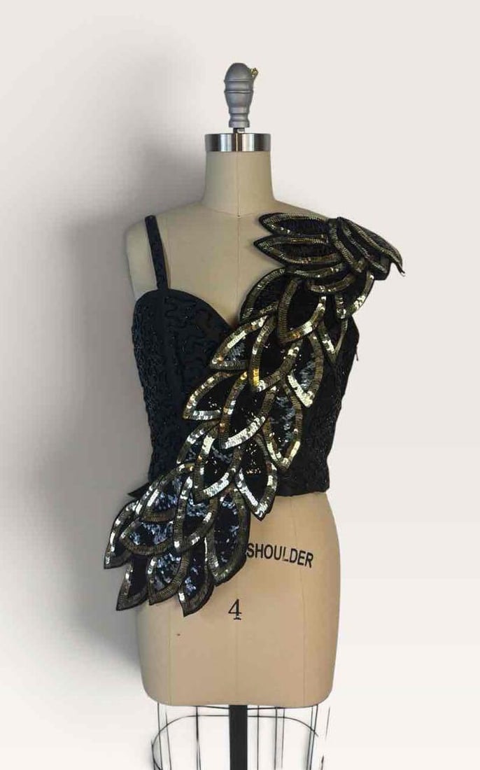 MOSCHINO COUTURE! BLACK BEADED AND SEQUIN LEAF EMBELLISHED TOP, SIZE IT 42 | ARCHIVAL SAMPLE: Black sleeveless top with sequin and beaded leaf-motif embellishment cascading from one shoulder with original retail hangtags. Made in Italy. Original Retail per tag: $3,995.00 Size: I 42, D 36, F 38