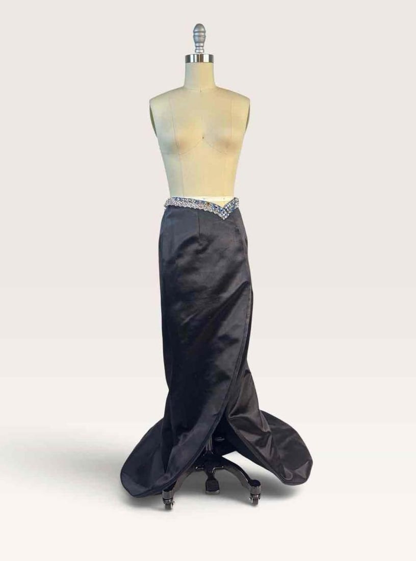MOSCHINO COUTURE! BLACK SATIN FISHTAIL SKIRT WITH JEWELED WAIST, SIZE IT 40 | ARCHIVAL SAMPLE (1 of 11)