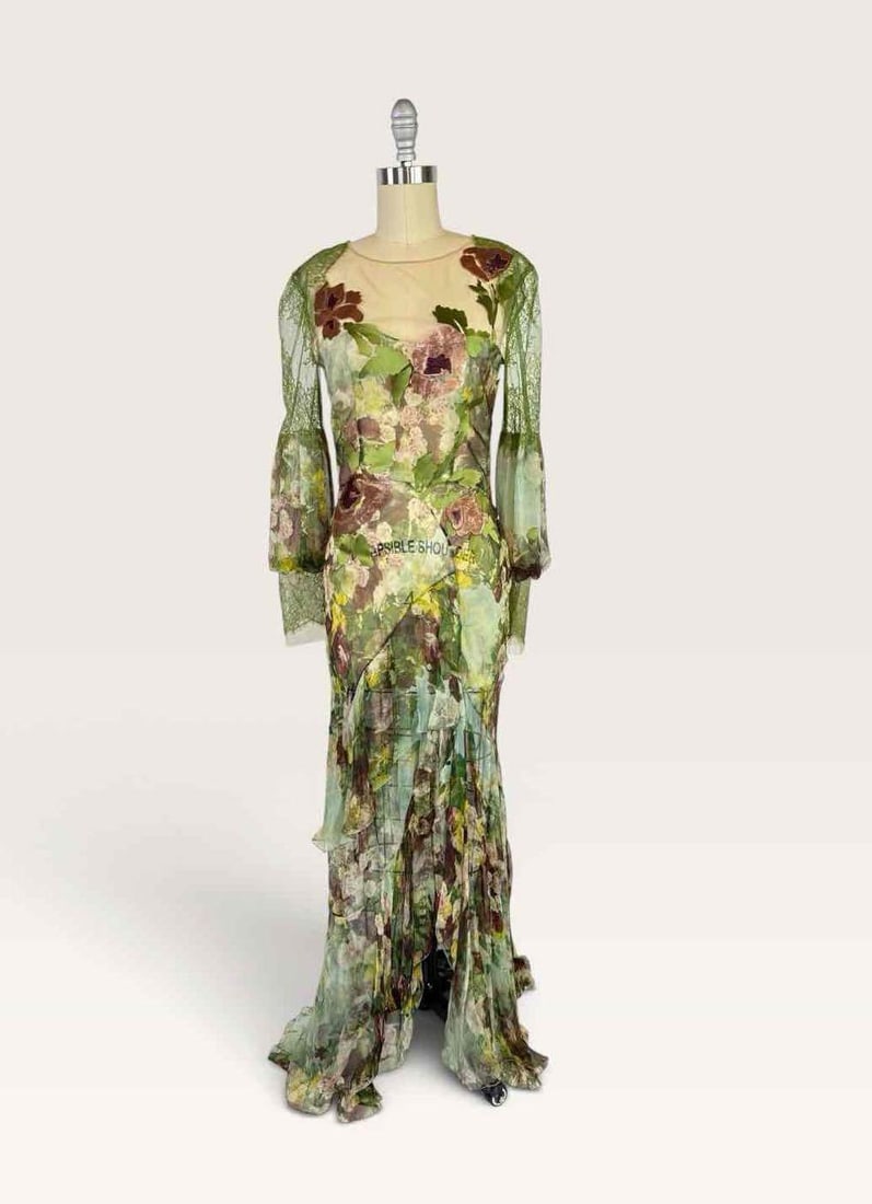 ALBERTA FERRETTI GREEN WATERCOLOUR FLORAL PRINT SILK GOWN, SIZE IT 40 | ARCHIVAL SAMPLE (1 of 14)