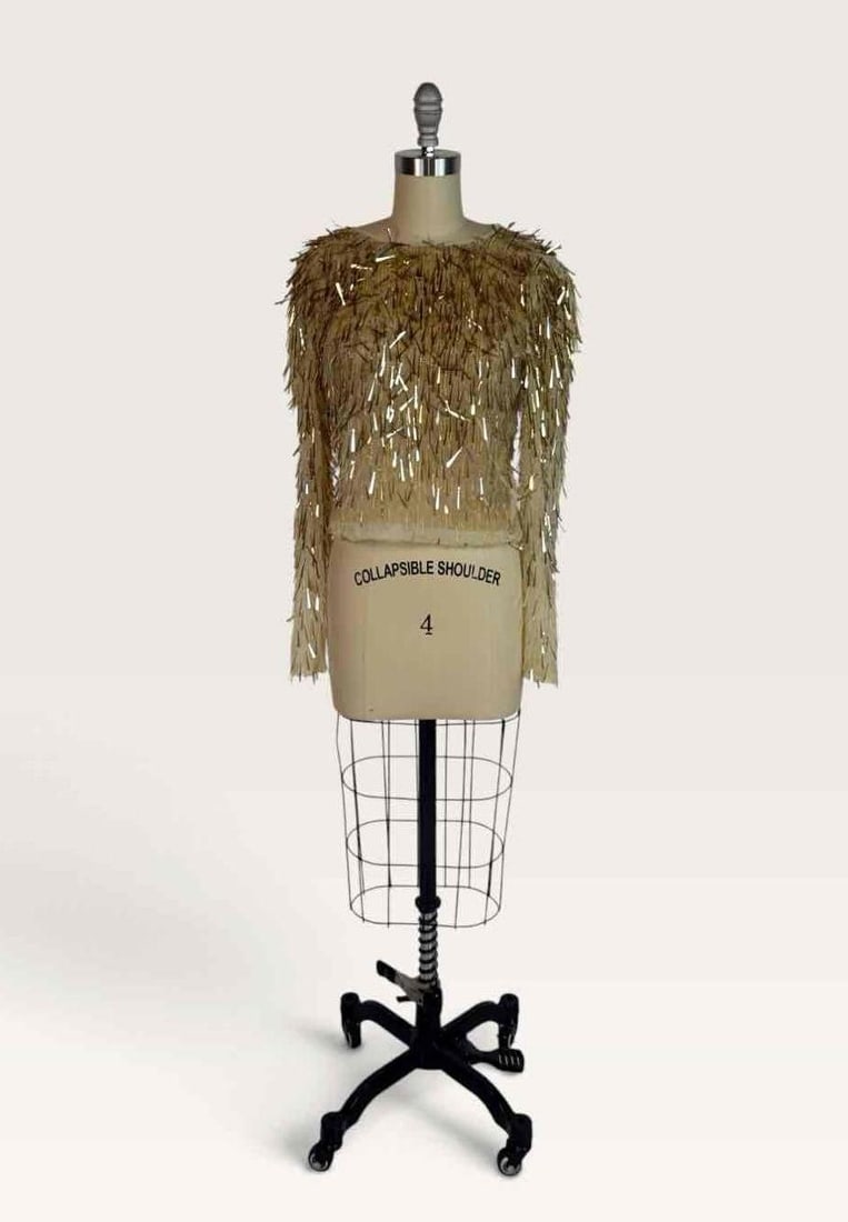 ALBERTA FERRETTI GOLD BEADED FRINGE SLEEVELESS TOP | ARCHIVAL SAMPLE: Gold and champagne beaded and sequin embellished fringe sleeveless top. Made in Italy. Size: No size tag, but fits the US size 4 mannequin. Artist or Maker: Alberta Ferretti, made in Italy by A