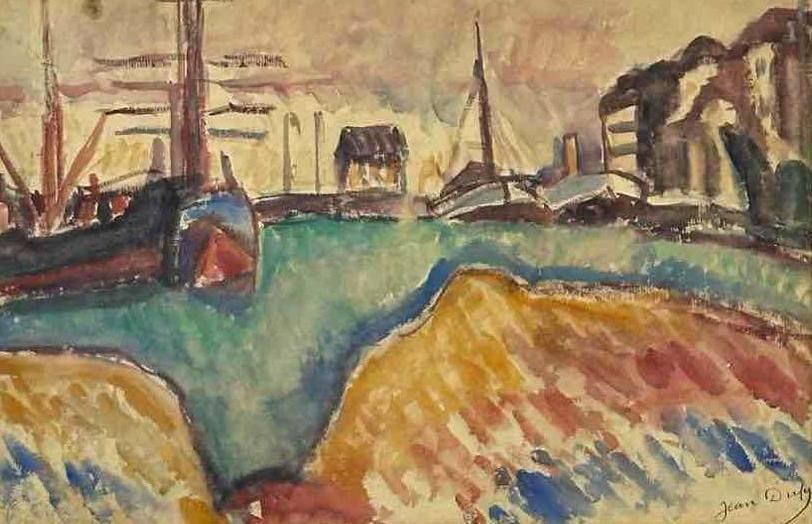JEAN DUFY HARBOR WITH BOATS WATERCOLOR: Harbor view with moored fishing boats, quayside cranes and buildings beyond, watercolor and gouache on paper, in a linen mat and ebonized and gilt frame Approximate Dimensions: 14.5" x 10"; fr