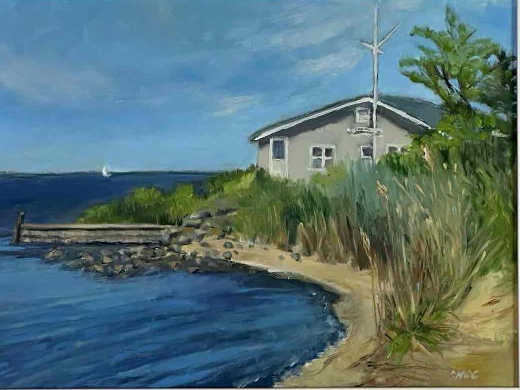 CHRISTINE MCDONAGH DOMINO YACHT CLUB OIL ON BOARD: Coastal view of a shingled clubhouse above a rocky shoreline with dune grass and a sailboat on open blue water, oil on board, float mounted in a white mat Approximate Dimensions: Unframed 9" x 12"; fr