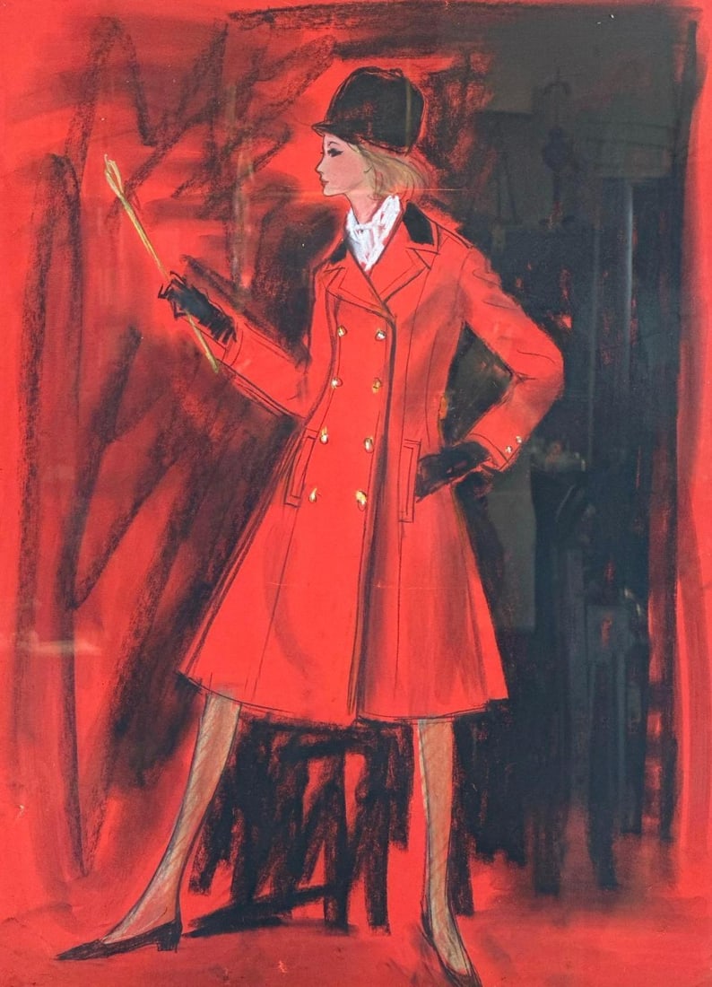 WOMAN IN RED FASHION ILLUSTRATION FRAMED ON PAPER: Stylized standing figure of a woman in a long red coat and heeled boots against a red ground, pastel on paper, in a black and gilt frame Approximate Dimensions: Image 17" x 23"; framed 21" x 27" Artis